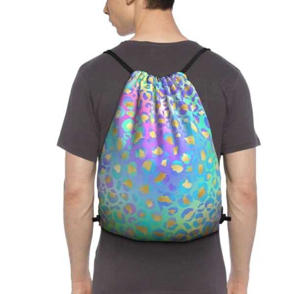 Colorful Drawstring Bag- Green Purple Leopard Sport Gym Wholesale - Image 4