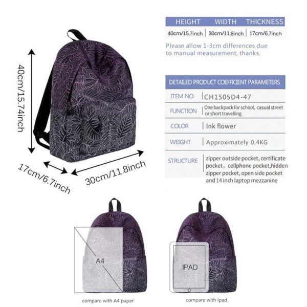 Purple Leaf Pattern Kids Backpack Unisex - Image 4
