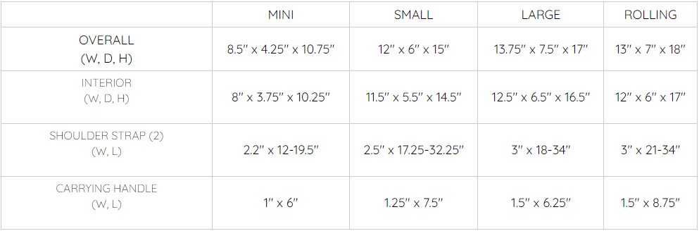 Kids backpack size chart