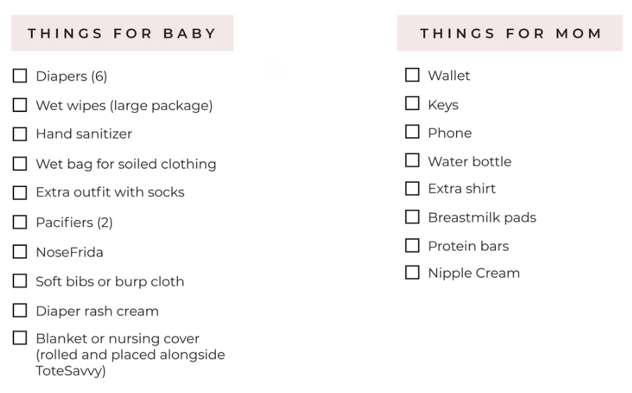 Diaper bag packing list